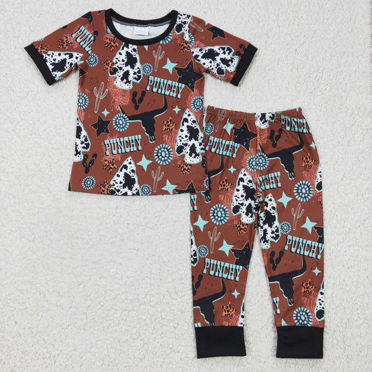 Baby Boys Brown Short Sleeves Bull Skull Camo Top Pant Western Pajamas Set