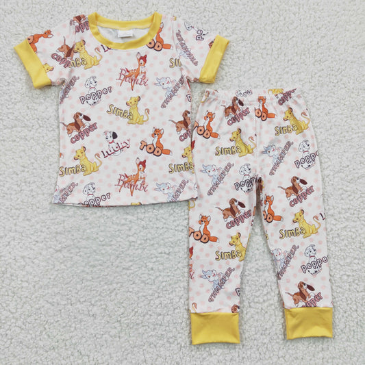 Baby Boys Yellow Short Sleeves Polka Dots Animals Top Pant Pajamas Set