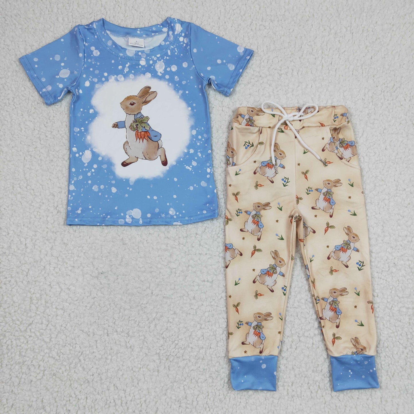 Baby Boys Blue Short Sleeves Bunny Carrots Print Top Khaki Pockets Pant Easter Set