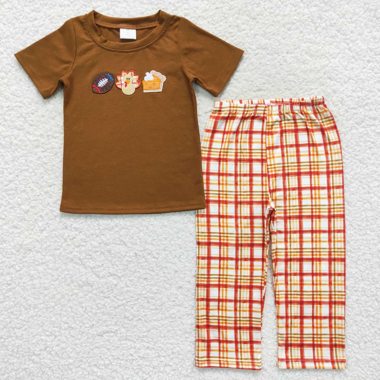 Sibling Girls Boys Thanksgiving Embroidery Football Turkey Short Sleeve Set and Romper