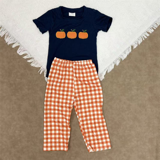 Baby Boya Applique Pumpkin Navy Top With Orange Gingham Pants Set