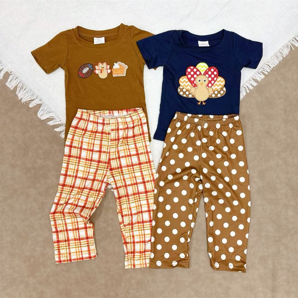 Kids Boys Thanksgiving Day Embroidery  Turkey Outfit