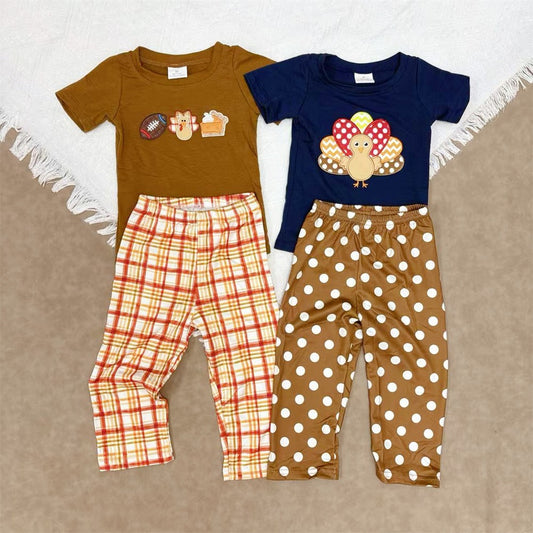 Kids Boys Thanksgiving Day Embroidery  Turkey Outfit