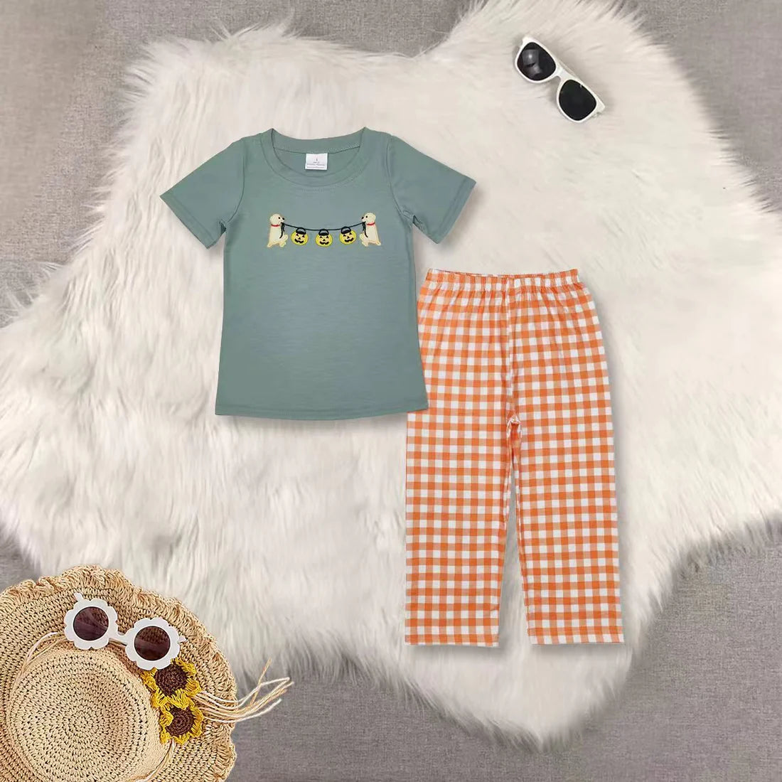 Sibling Baby Boys  Halloween Embroidery Short Sleeve Top With Pants Set