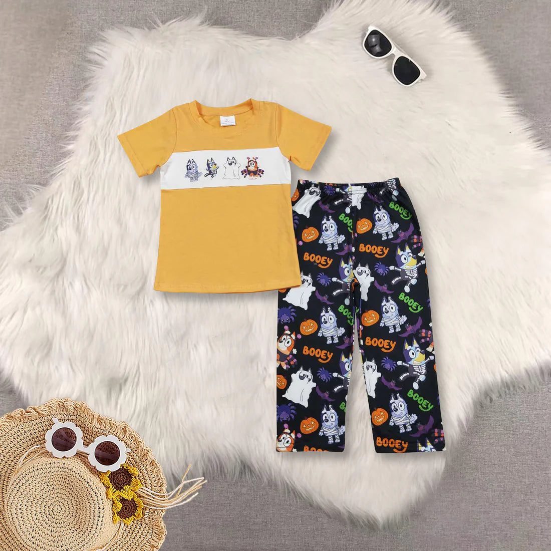 Sibling Baby Boys  Halloween Embroidery Short Sleeve Top With Pants Set