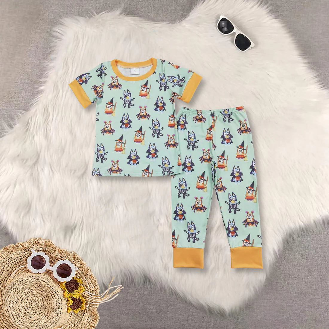 Sibling Baby Boys  Halloween Cartoon Short Sleeve Top With Pants Pajama Set