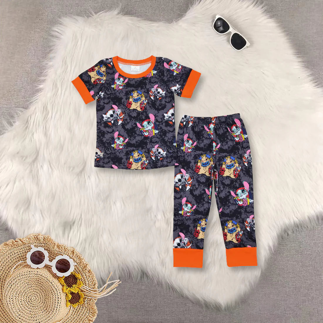 Sibling Baby Boys  Halloween Cartoon Short Sleeve Top With Pants Pajama Set