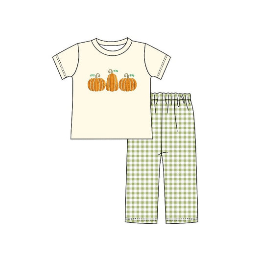 BSPO0437  Baby Boys  Pumpkin Top Green Giingham Pants Set pre-order