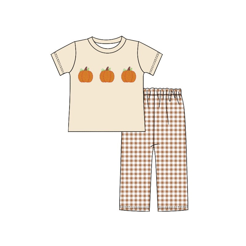 BSPO0438  Baby Boys  Pumpkin Top Brown Giingham Pants Set pre-order