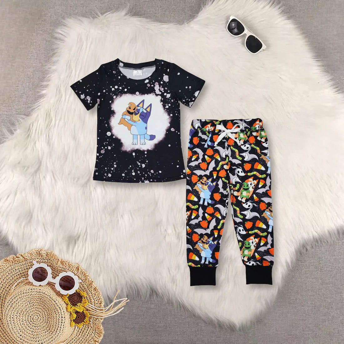 Sibling Baby Boys  Halloween Cartoon Short Sleeve Top With Pants Pajama Set