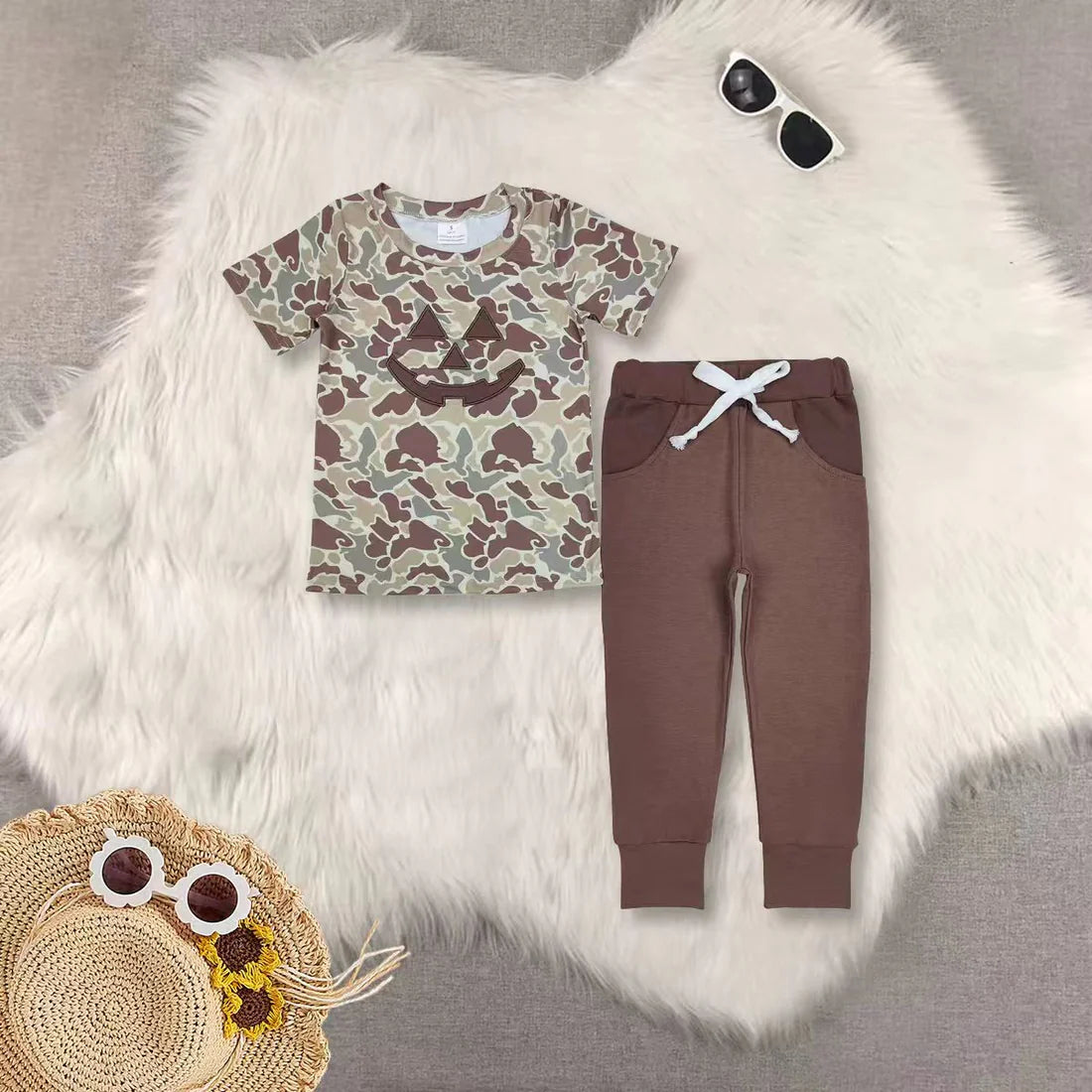 Sibling Baby Boys  Halloween Embroidery Short Sleeve Top With Pants Set