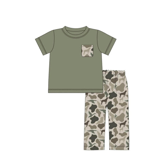 Toddler Boys Green Short Sleeve Top Hunging Dog Camo Pants Set Preorder