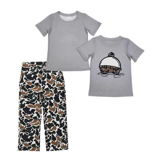 Baby Boys Gray Short Sleeves Float Print Top Dark Brown Camo Pocket Denim Pant Set