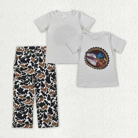 Baby Boys White Short Sleeves Duck Print Top Dark Brown Camo Pocket Denim Pant Set