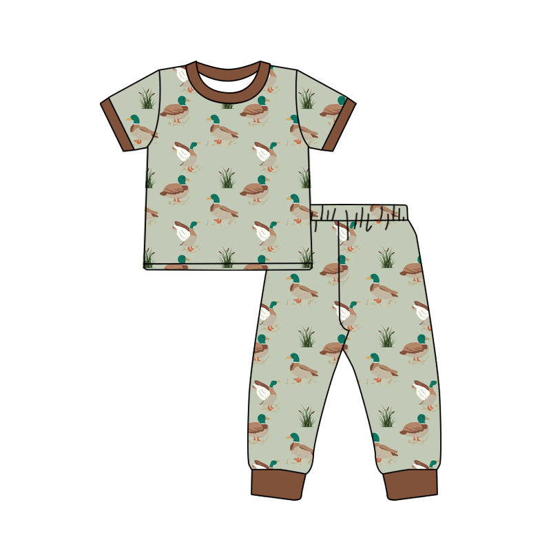 Baby Boys Olive Short Sleeves Ducks Print Top Pants Pajamas Set Preorder