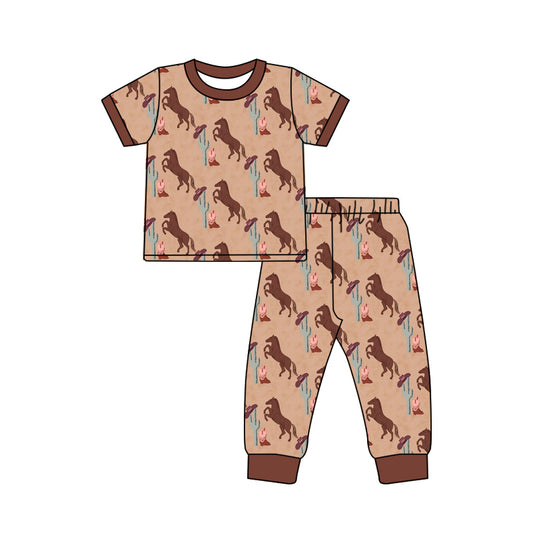 Baby Boys Khaki Short Sleeves Horse Cactus Print Top Pants Western Pajamas Set Preorder