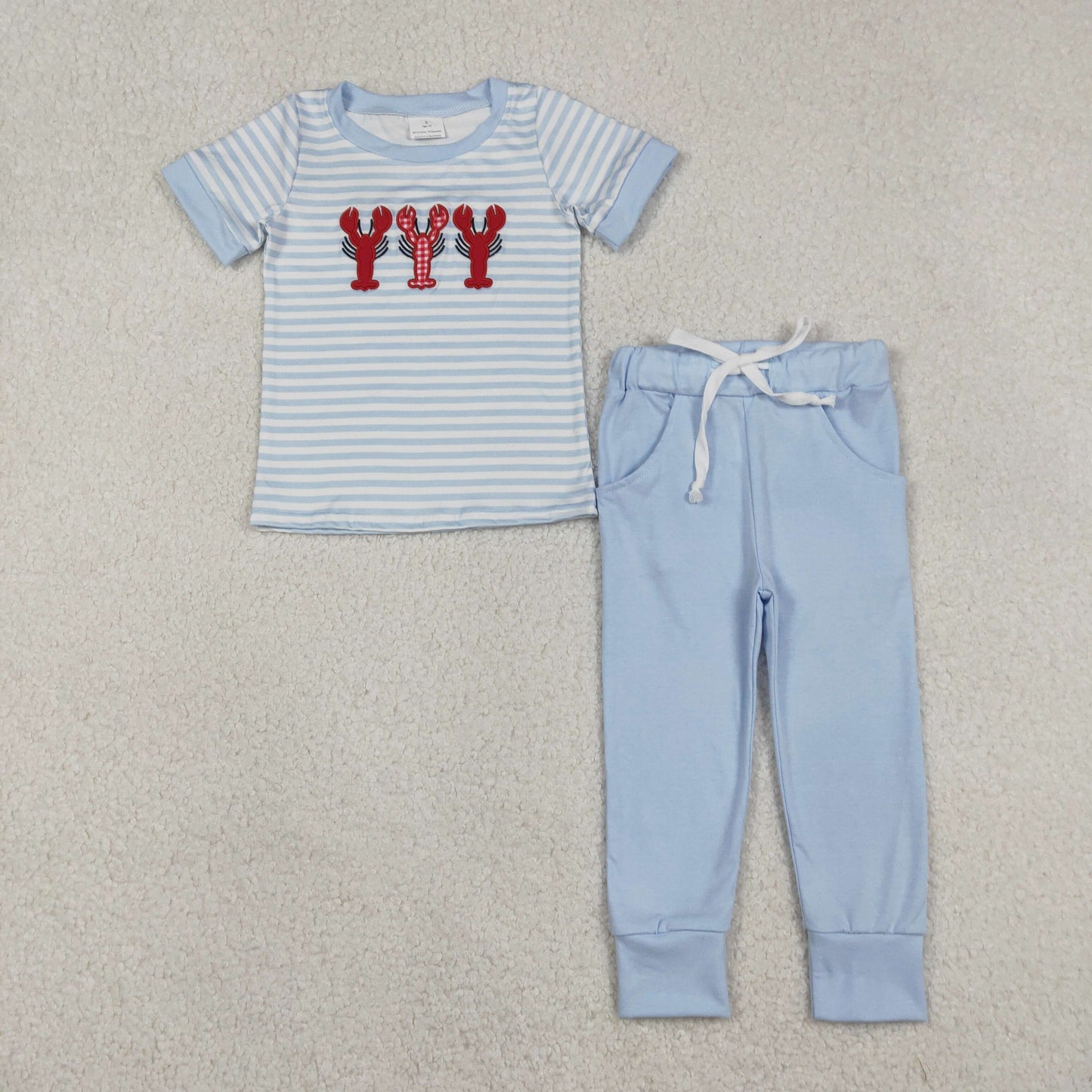 Sibling Baby Boys Embroidery Caryfish Blue Striped Outfit and Romper