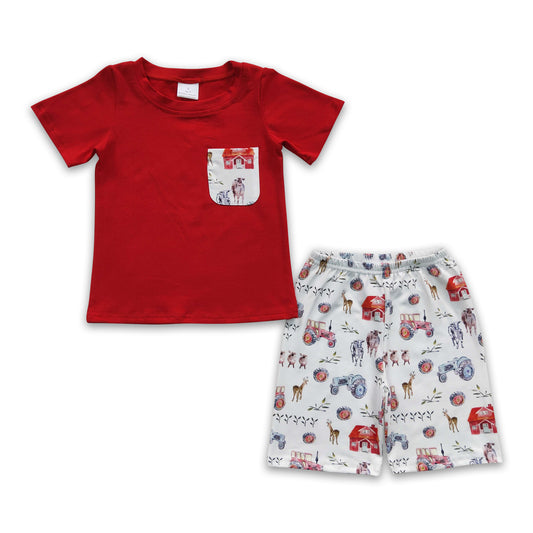 BSSO0120 Kids Boys Red Top Farm Animal Shorts Set On Sale