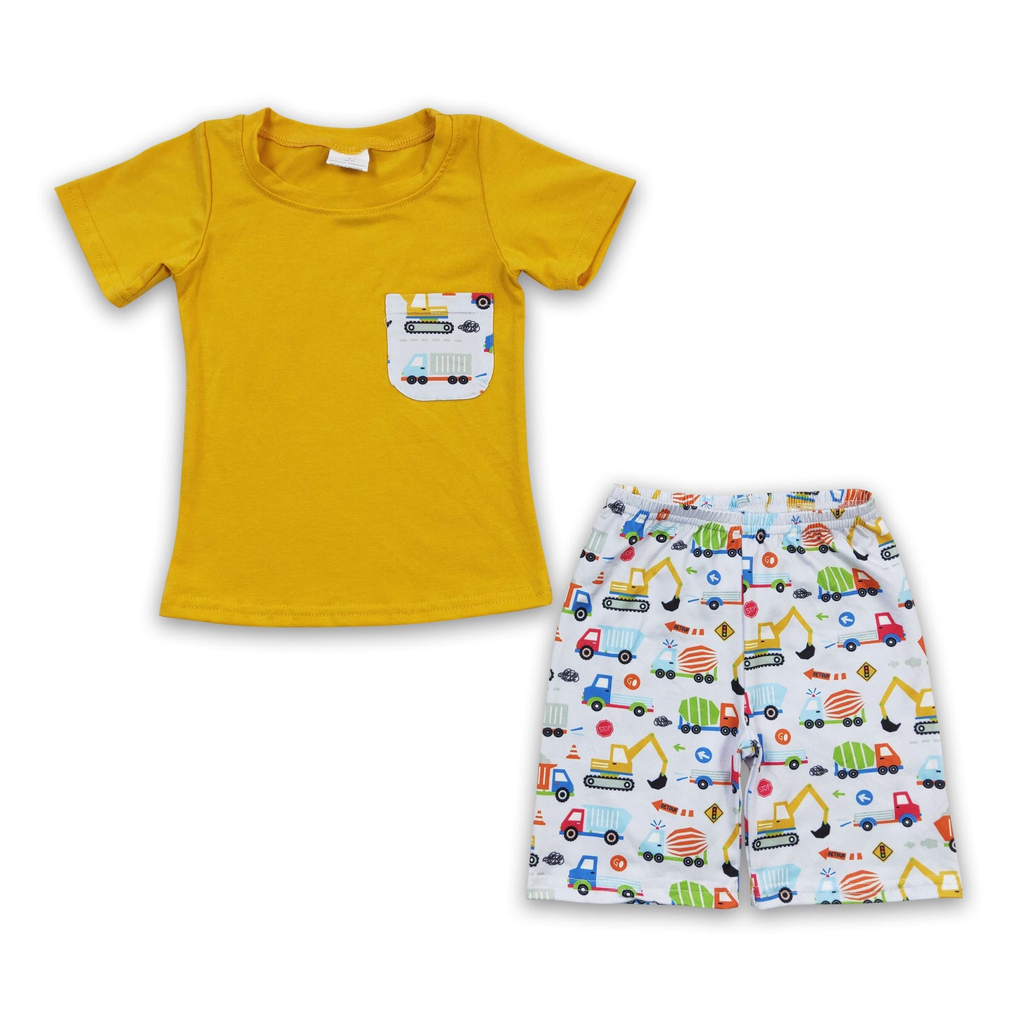 BSSO0122  Kids Boys Yellow Top Construction Shorts Set On Sale
