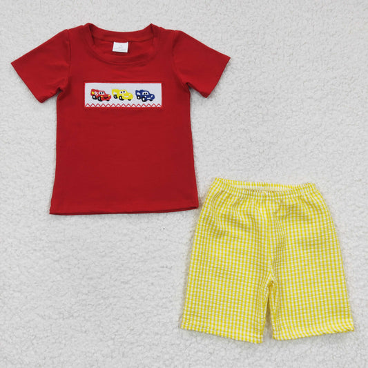 Baby Boys Red Short Sleeves Embroidery Cartoon Cars Top Yellow Plaid Short Set