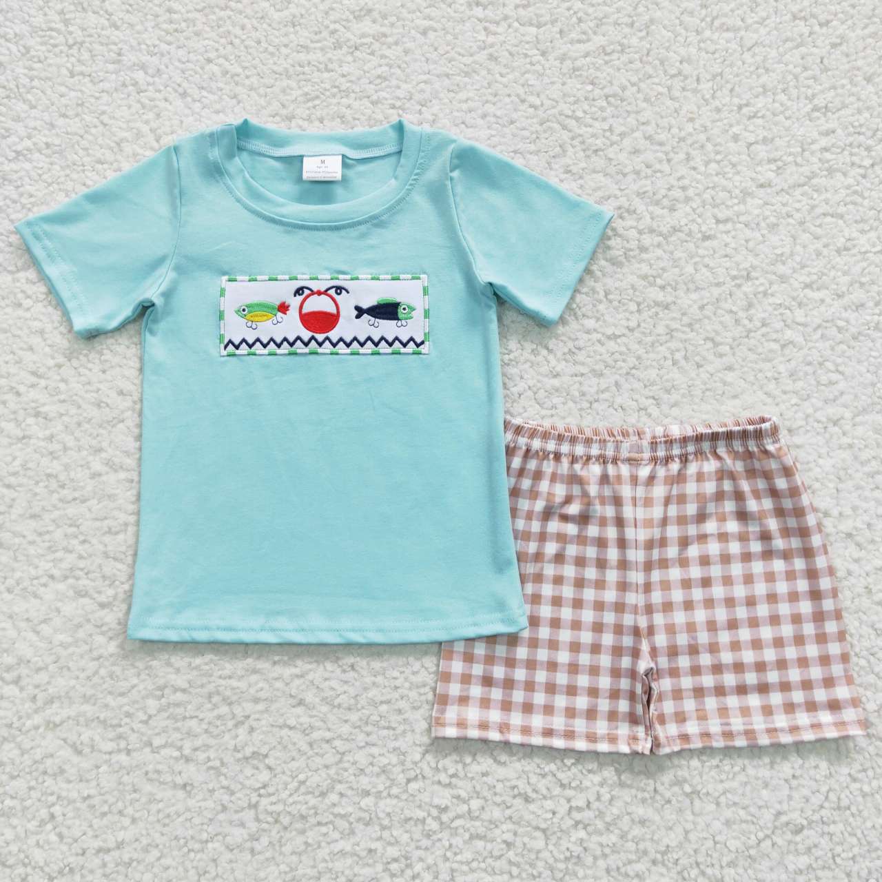 Baby Boys Aqua Short Sleeves Embroidery Fishing Top Khaki Plaid Shorts Hunting Set