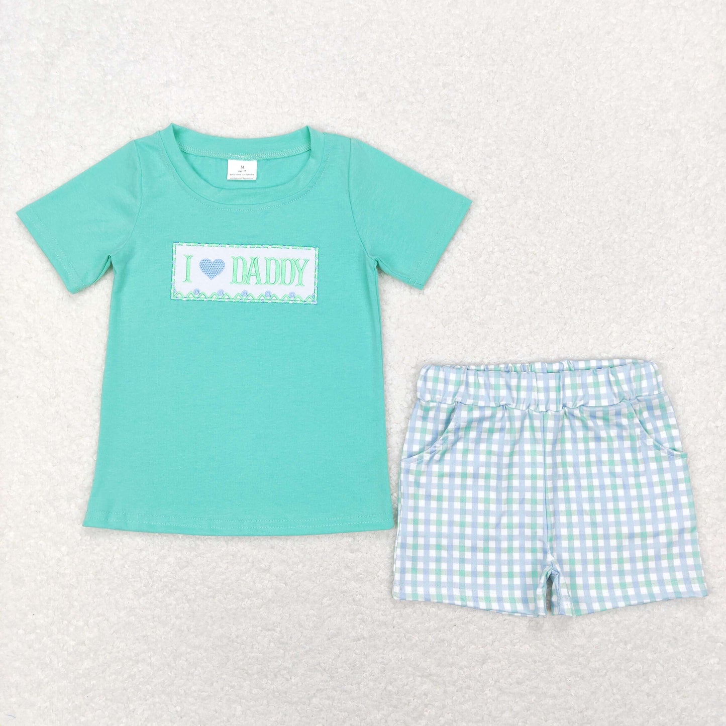 Baby Boys Aqua Short Sleeves Embroidery I LOVE DADDY Top Plaid Short Set