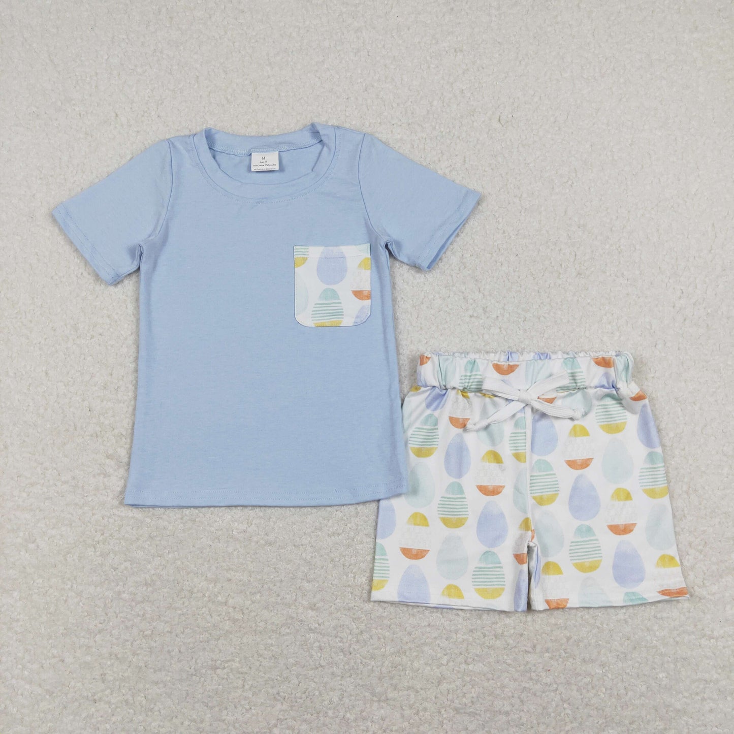 Baby Boys Light Blue Short Sleeves Pocket Top Eggs Plaid Shorts Easter Set