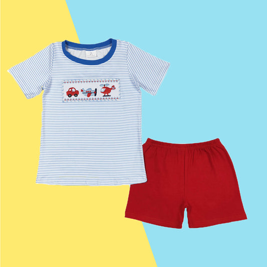 Baby Boys Blue Stripes Transpotation Shirt Shorts Clothes Sets