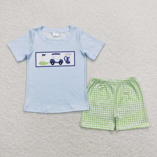 Baby Boys Light Blue Short Sleeves Golf Print Top Aqua Plaid Short Set