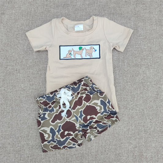 Summer Baby Boys Embroidery Dog Top Camo Shorts Set