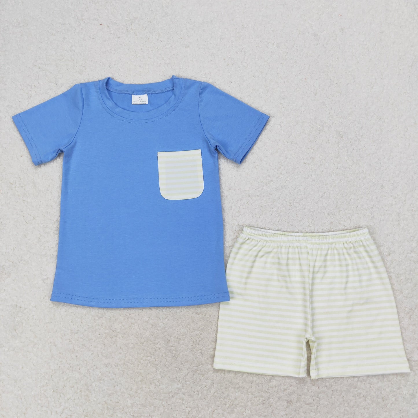 Toddler Boys Outfit Summer Blue Top Matching Striped Shorts Set