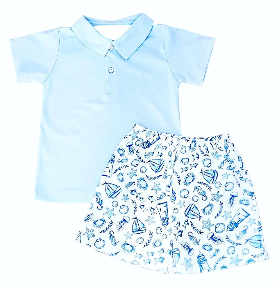 Summer Baby Boys Ocean Sailboat Shorts Set  3 MOQ