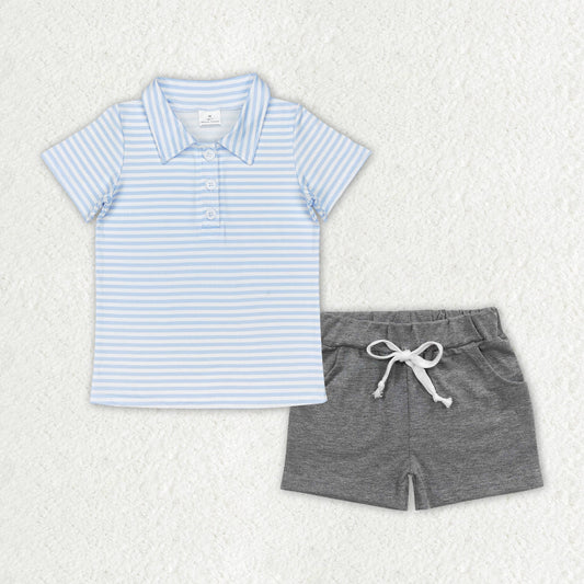 Toddler Boys Blue Striped Polo Top Matching Gray Shorts Set