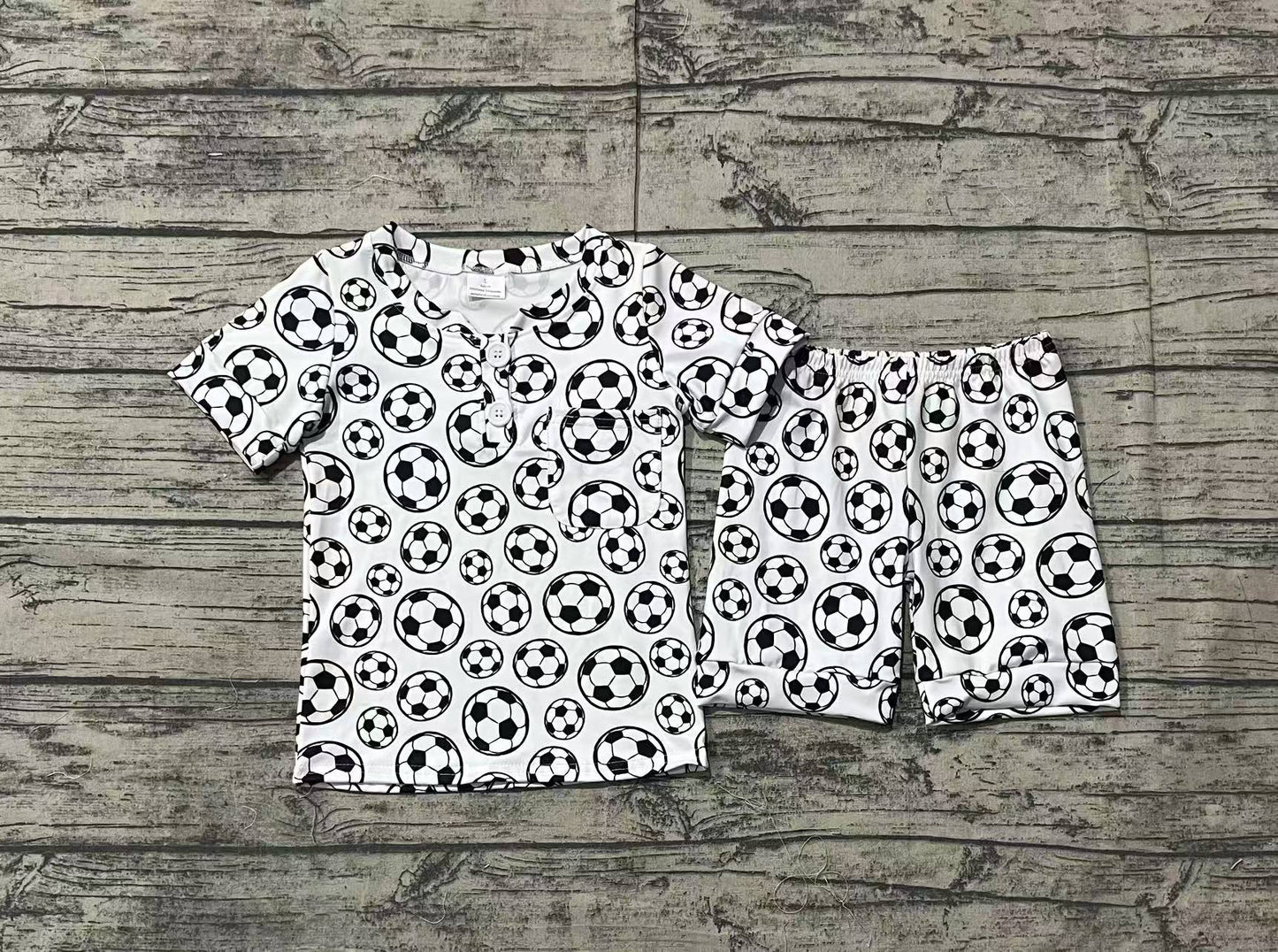 Baby Boys Short Sleeves Button Down Pocket Footballs Print Top Short Pajama Set Preorder