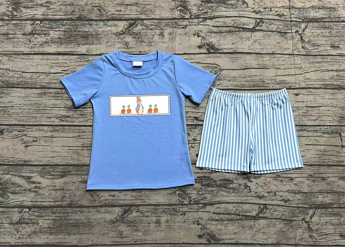 Baby Boys Blue Short Sleeves Embroidery Bunny Carrots Top Striped Shorts Easter Set Preorder