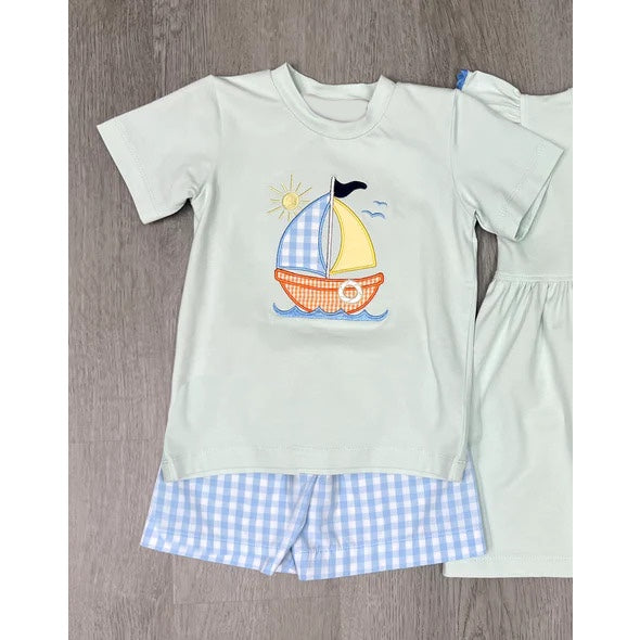 Toddler Boys Summer sailboat Top Blue Gingham Shorts Set Preorder