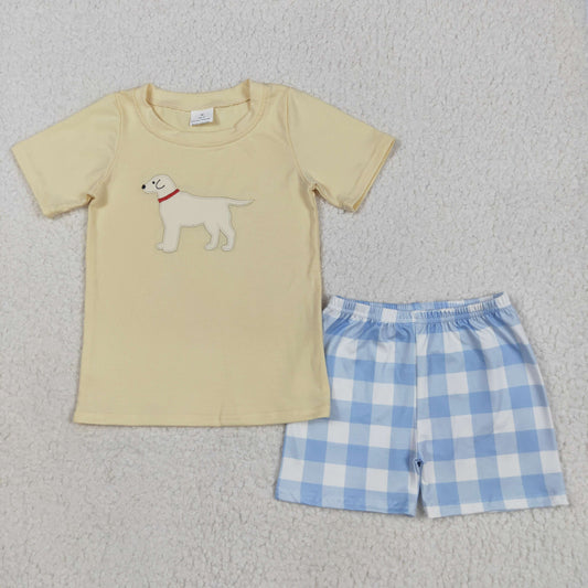 Baby Boys Dog Yellow Top Blue Gingham Shorts Set