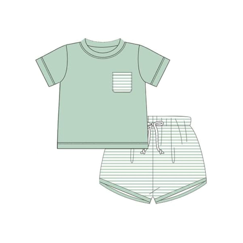 BSSO1103 Baby Boys Green Short Sleeve Top Striped Shorts Set Preorder