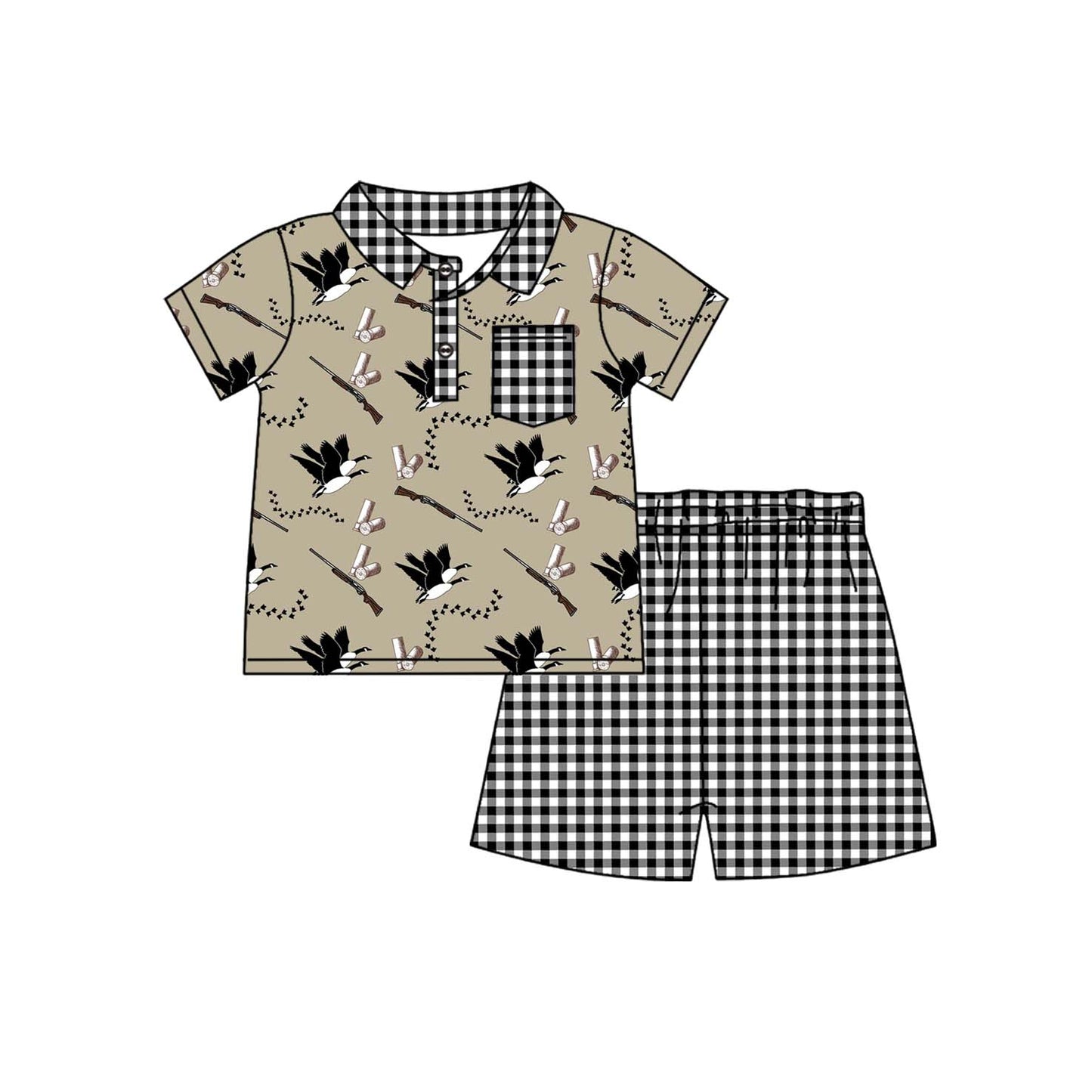 BSSO1106 Baby Boys Hunting Duck Top Black Gingham Shorts Set Preorder