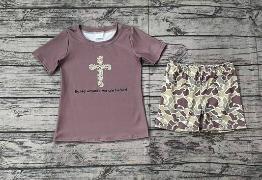 Baby Boys Brown Short Sleeves Camo Cross Top Olive Camo Shorts Easter Set Preorder