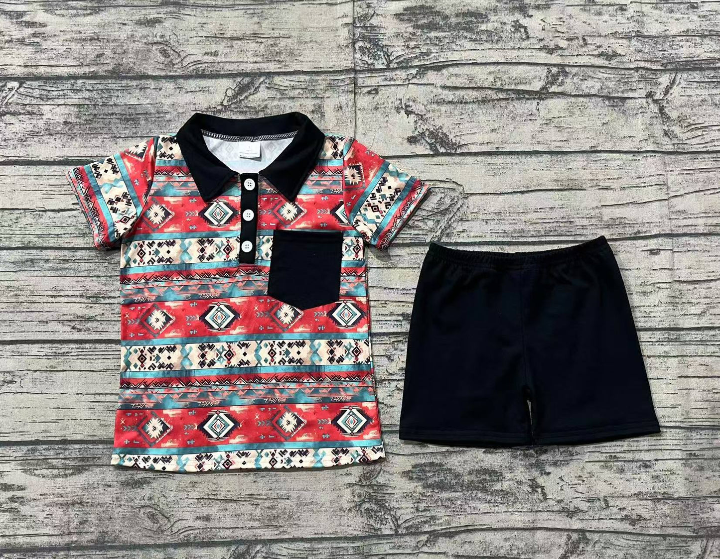 Baby Boys Aztec Print Button Down Pocket Top Black Short Set Preorder