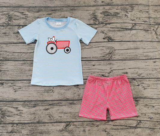 Baby Boys Blue Stripe Ebroidery Chicken Top Red Plaid Short Farm Set Preorder