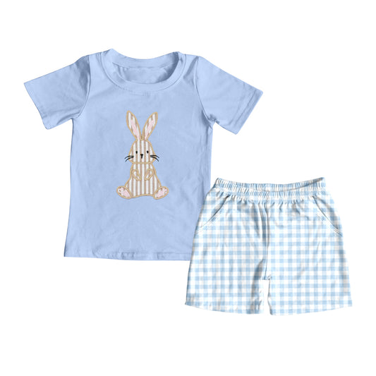 Baby Boys Easter Bunny Print Top Blue Plaid Pocket Short Set Preorder