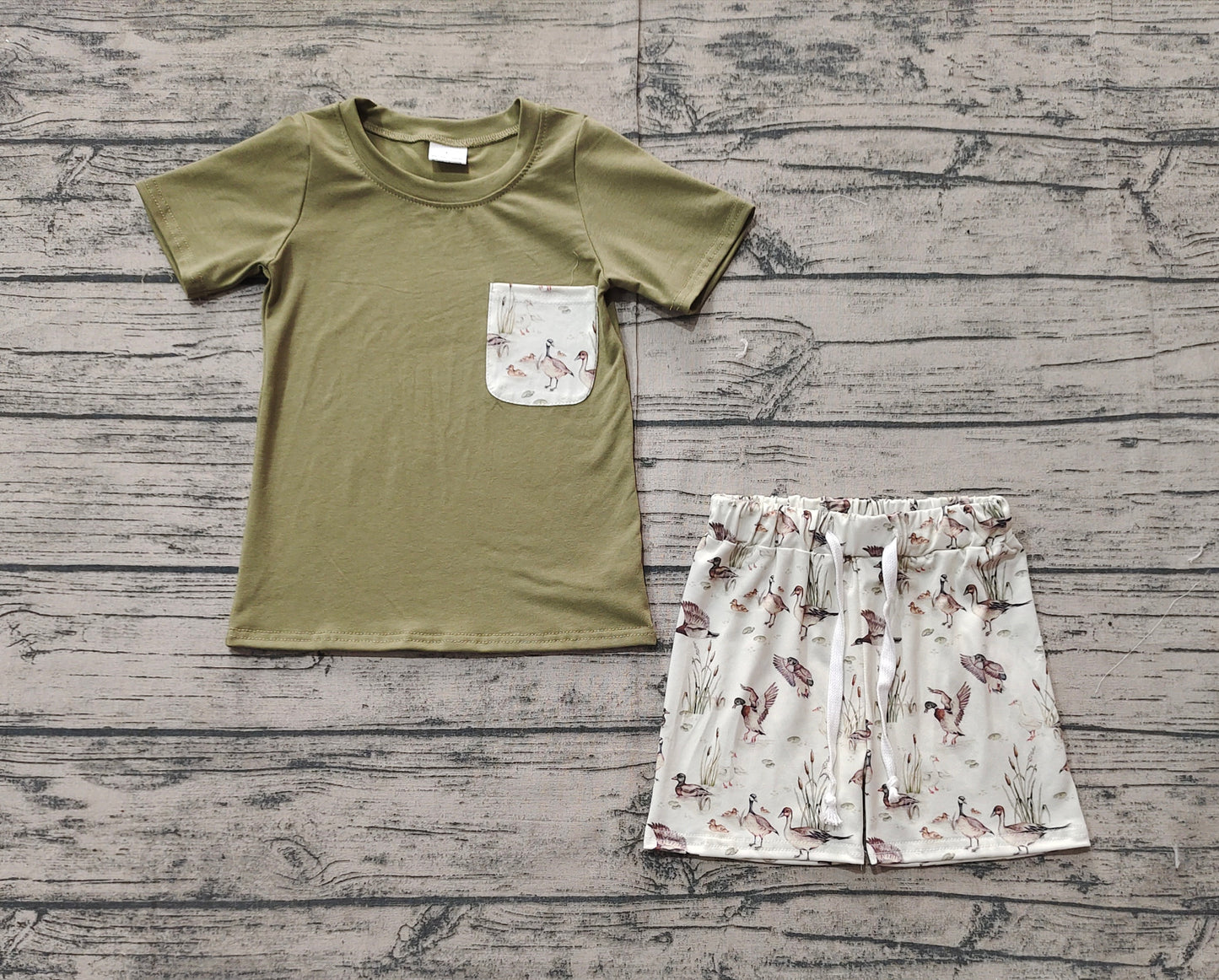 Baby Boys Olive Short Sleeves Pocket Top Ducks Print Short Set Preorder