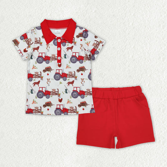 Baby Boys Short Sleeves Button Down Farm Top Red Pockets Cotton Shorts Set