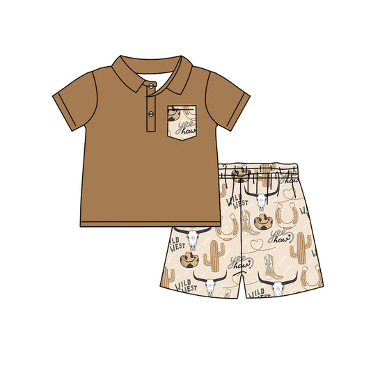 Baby Boys Brown Short Sleeves Button Down Pocket Top Bell Skull Shorts Set Preorder