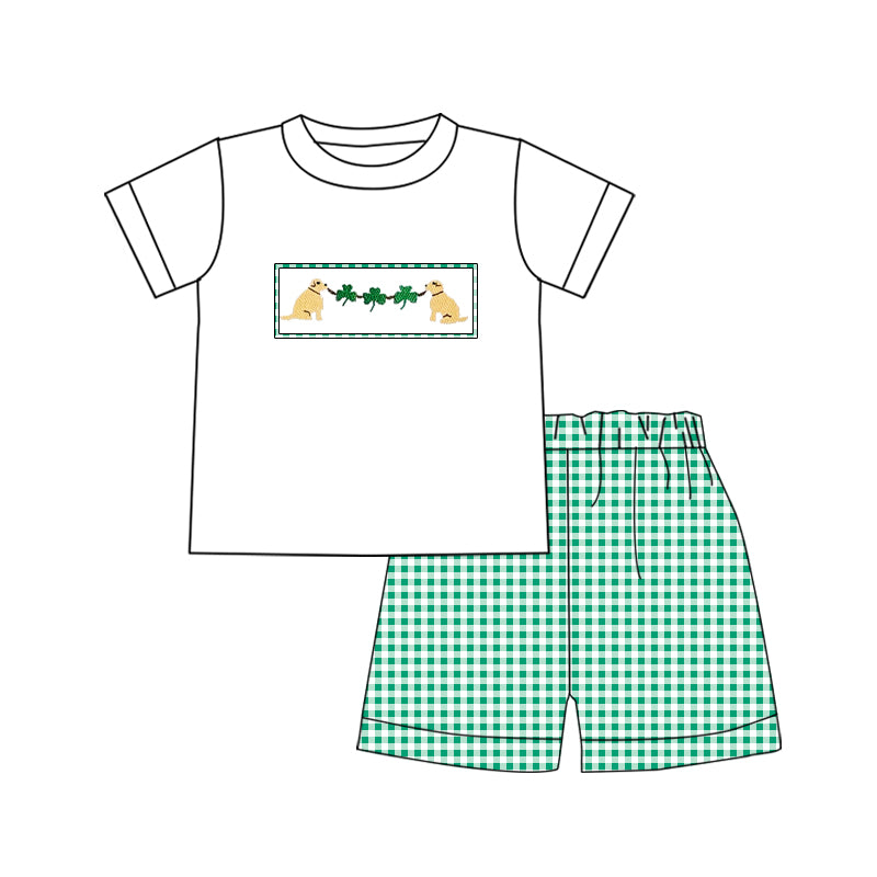 Baby Boys Short Sleeves Dogs Clovers Top Aqua Plaid Shorts St Patrick Set Preorder