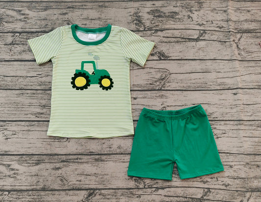 Baby Boys Short Sleeves Embroidery Truck Print Stripe Top Green Shorts Farm Set Preorder