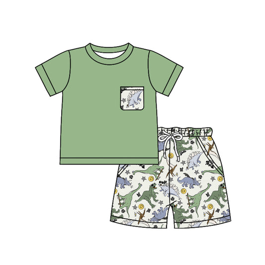 Baby Boys Short Sleeves Pocket Top Dinosaurs Plaid Shorts Western Set Preorder