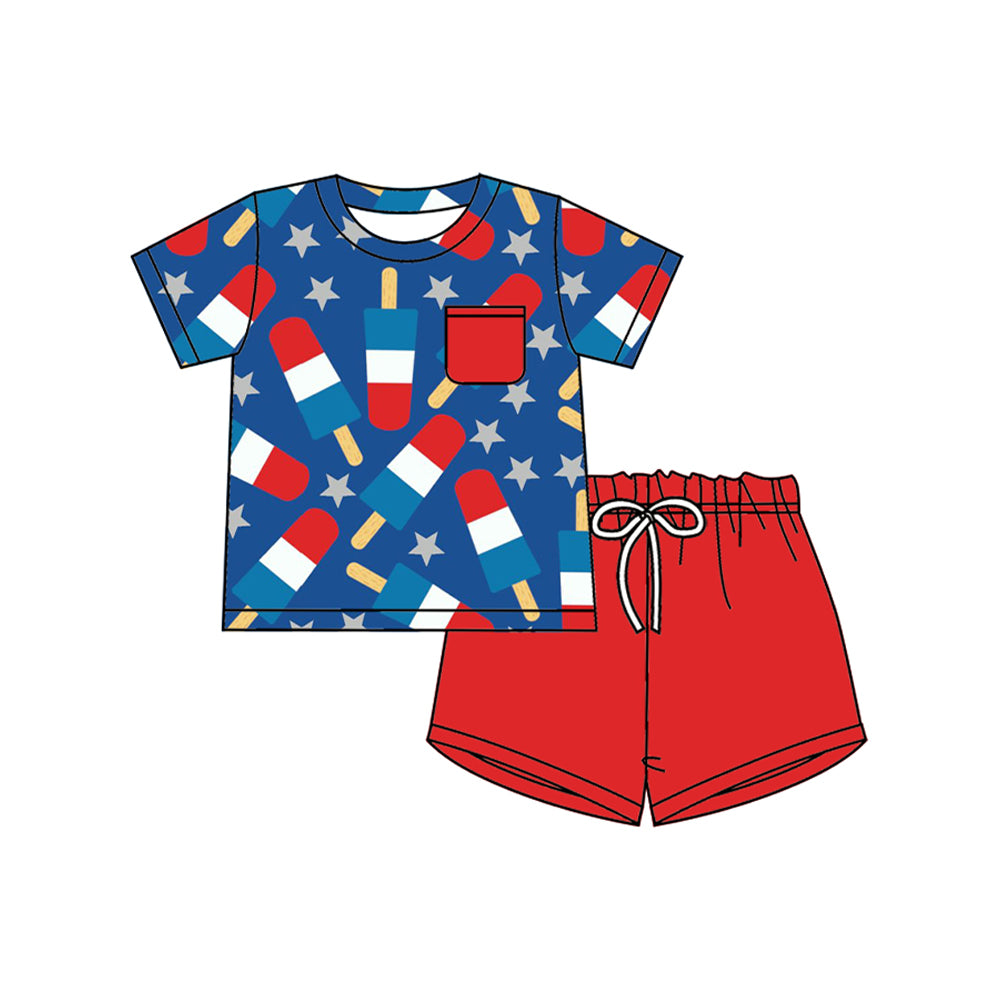 Baby Boys Blue Short Sleeves Stars Popscile Print Top Red Shorts 4th Of July Set Preorder